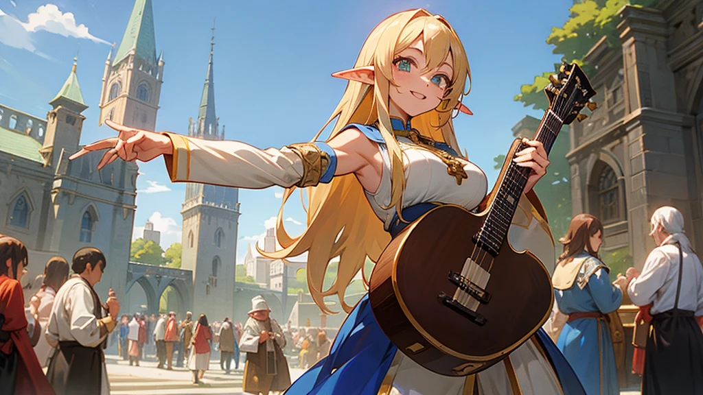 Anime Style,Nostalgic,Detailed background,The medieval world,A bustling square with many people,Smiling bard beautiful elf girl,guitar,Large Breasts,Underarm,Tower of Babel