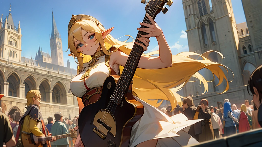 Anime Style,Nostalgic,Detailed background,The medieval world,A bustling square with many people,Smiling bard beautiful elf girl,guitar,Large Breasts,Underarm,Tower of Babel