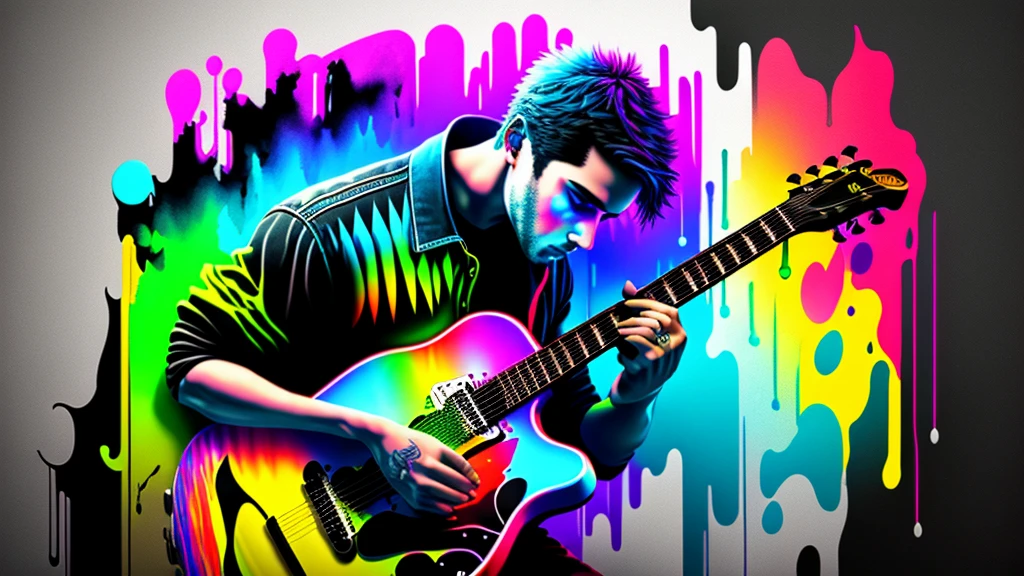 Close-up of a man playing blues guitar on a black background,  Colorful graffiti, Rainbow illustration,  Colors bleed,  computer art,  Beautiful 3D rendering, 