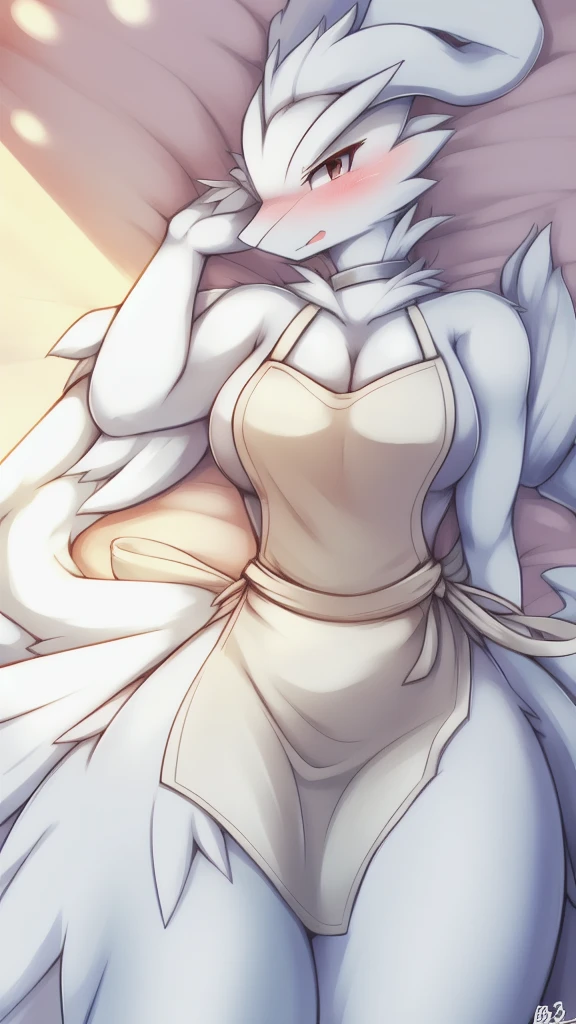 Reshiram,furry,Bust 87,Waist 57,Thigh 86,Good resolution,lying on the bed,Apron set,Good light and shadow details,shade,sexy body,blushing