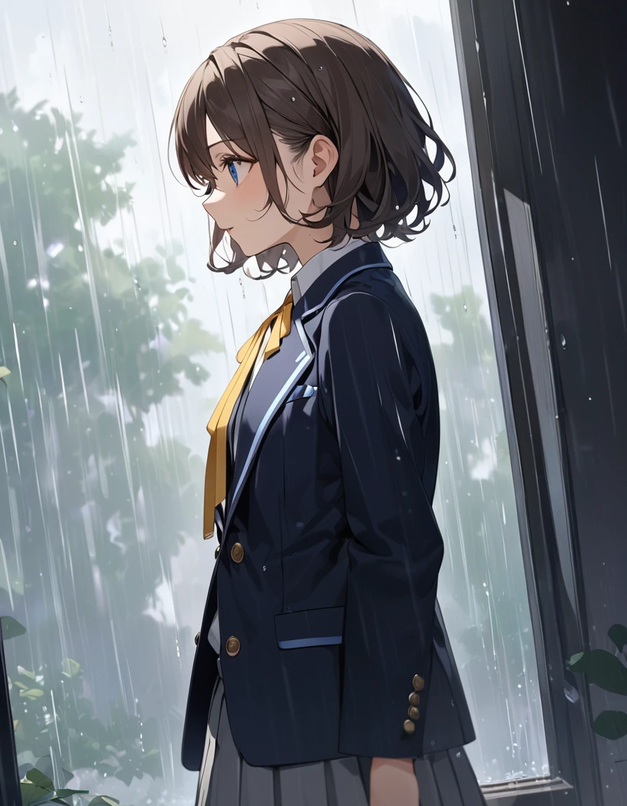 (Highest qualityのイラスト:1.2), (pretty girl:1.1), (1 girl、17 years old、Highest qualityのイラスト:1.2), (1 girl、Small breasts、blue eyes)、 Brown Hair、short hair、Wavy Hair、Curly Hair、Low Twintails、(Highest quality、Very detailed、Very detailed and beautiful、Ultra-high resolution) 、、,{Dark Blue Blazer、White shirt、Yellow ribbon、Grey pleated skirt}、throw、from side, Gazing into the distance、rain,Daytime
