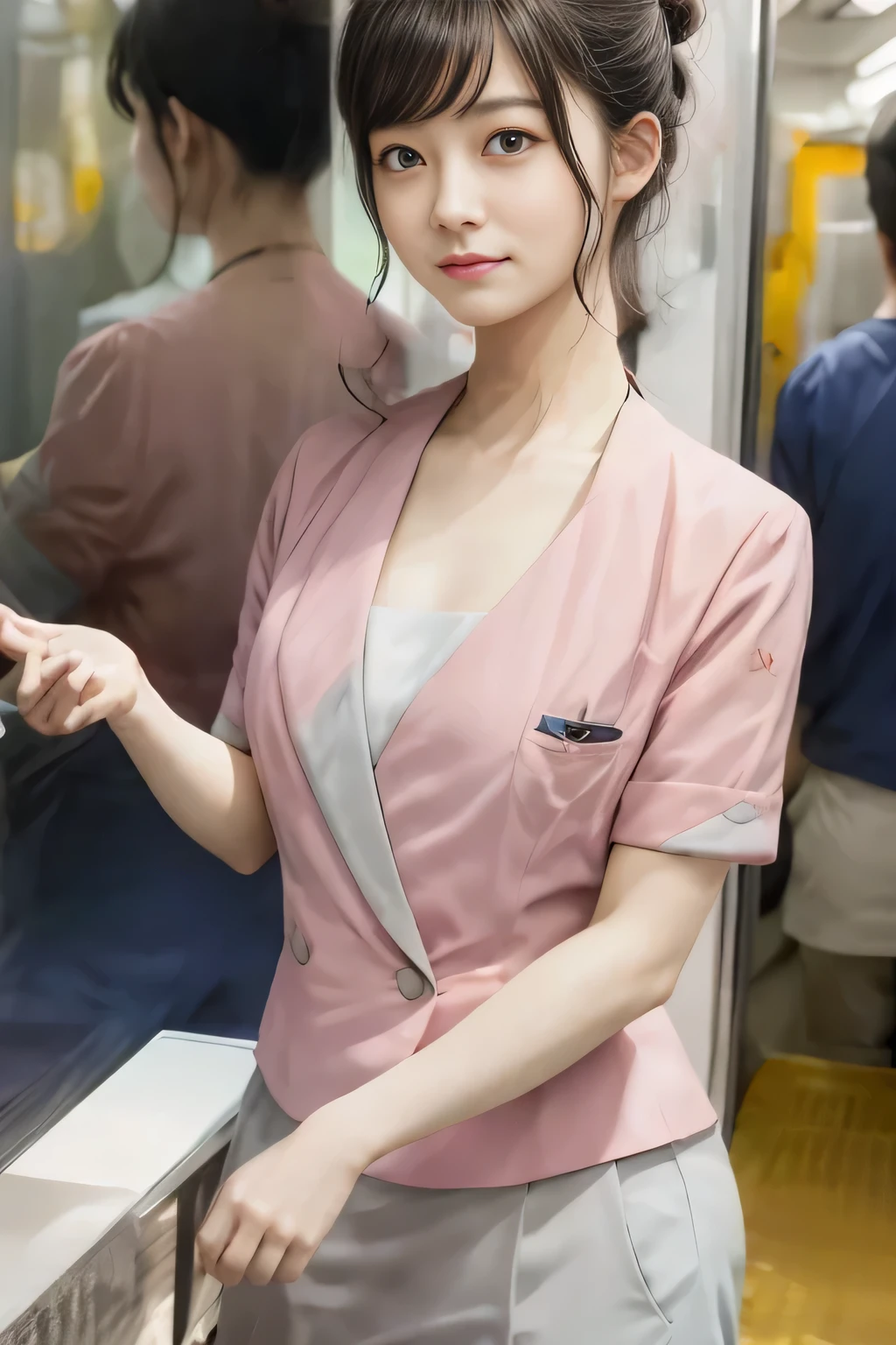 (masterpiece:1.2, Highest quality:1.2), 32k HDR, High resolution, (alone、1 girl)、（On the rooftop of a building in the daytime、Professional Lighting）、Building rooftop background、（Nankai train crew uniform pinkを着たリアルスタイル）、（Nankai train crew uniform pink short sleeve collarless pink jacket、Nankai Train Crew Uniform Pink Collarless Short Sleeve Blouse、Nankai Train Crew Uniform Pink Grey Knee-length Culottes）、（（The bottom of the pink short-sleeved jacket cannot be tucked into the clay-colored culottes.））、Dark brown hair、（Hair tied up、Hair Bun、Hair Bun）、Dark brown hair、Long Shot、Big Breasts、Thin legs、（（Great hands：2.0）），（（Harmonious body proportions：1.5）），（（Normal limbs：2.0）），（（Normal finger：2.0）），（（Delicate eyes：2.0）），（（Normal eyes：2.0））)、（Nankai Train Crew Uniform Pink Grey Knee-length Culottesを見せた美しい立ち姿）、smile