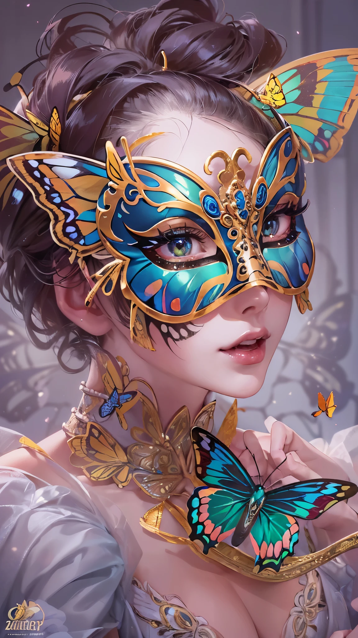 ((Highest quality)),(Ultra-high resolution),(Ultra-detailed new),(Detailed Description),((The best CG)),(masterpiece),Highly detailed art,A wonderful new art form,(Art with precise details:1.5), (Lady:1.6),(Butterfly mask:1.6),(A glittering off-the-shoulder dress with intricate detailing:1.4), (Masquerade:1.6),(Masquerade:1.6)