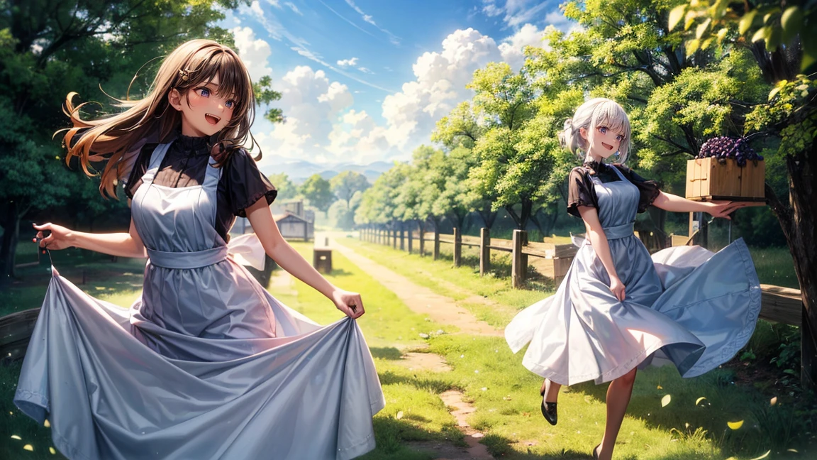 Two women joyfully stomping grapes under a clear blue sky as part of traditional winemaking. They are dressed in red dresses with white aprons, standing in a large wooden vat filled with grapes. The abundance of fruit around them adds to the scene's vibrancy, and their smiles reflect the fun of the moment. In the background, a sunny sky and the French countryside are visible.