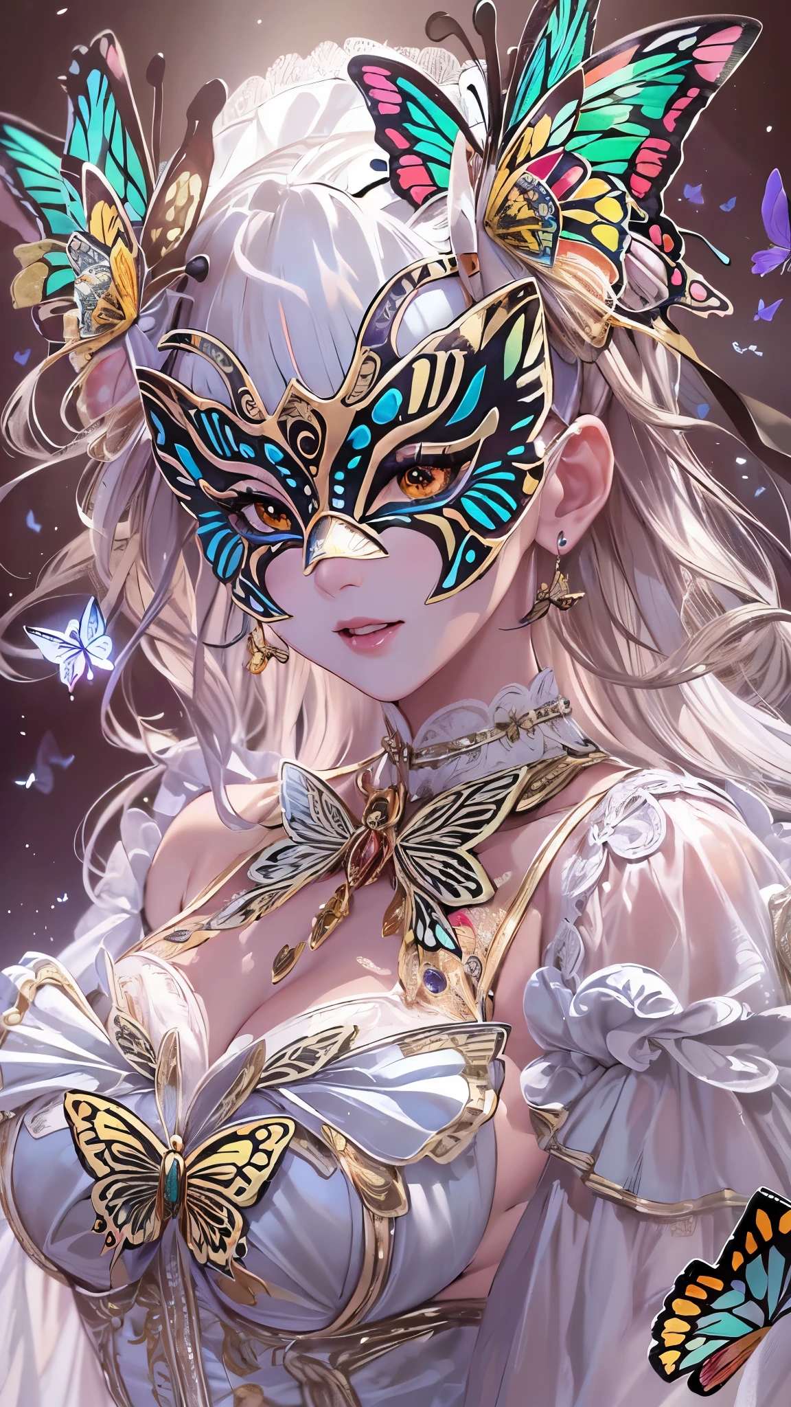 ((Highest quality)),(Ultra-high resolution),(Ultra-detailed new),(Detailed Description),((The best CG)),(masterpiece),Highly detailed art,A wonderful new art form,(Art with precise details:1.5), (Lady:1.6),(Butterfly mask:1.6),(A glittering off-the-shoulder dress with intricate detailing:1.4), (Masquerade:1.6),(Masquerade:1.6)