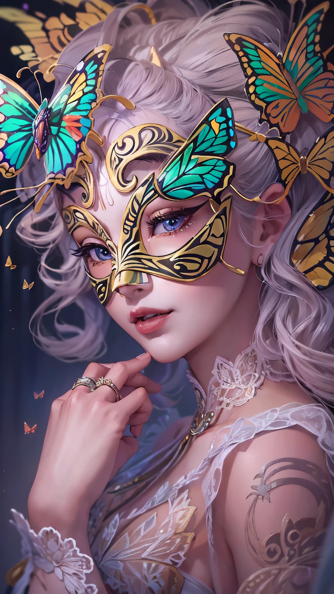 ((Highest quality)),(Ultra-high resolution),(Ultra-detailed new),(Detailed Description),((The best CG)),(masterpiece),Highly detailed art,A wonderful new art form,(Art with precise details:1.5), (Lady:1.6),(Butterfly mask:1.6),(A glittering off-the-shoulder dress with intricate detailing:1.4), (Masquerade:1.6),(Masquerade:1.6)