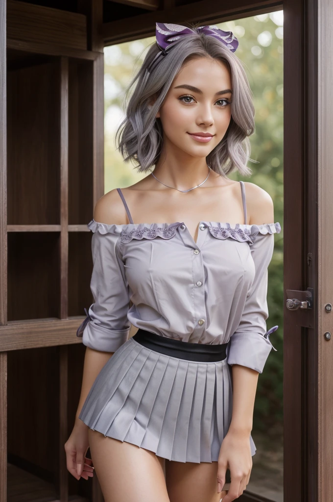 (masterpiece:1.2, top-quality), (realistic, photorealistic:1.4), beautiful illustration, (natural side lighting, movie lighting), nsfw, 
looking at viewer, 1 girl, japanese, high school girl, (girl with a sparrow on her shoulder), perfect face, cute and symmetrical face, shiny skin, 
(short hair:1.5, lob hair:1.2, silver hair), hair between eyes, purple eyes, long eye lasher, (medium breasts), slender, dark red hair ribbon, 
beautiful hair, beautiful face, beautiful detailed eyes, beautiful clavicle, beautiful body, beautiful chest, beautiful thigh, beautiful legs, beautiful fingers, 
((white collared shirts, grey box pleated mini skirt), dark red bow tie), 
(beautiful scenery), evening, (riverside), walking, (lovely smile, open mouse slightly), nude