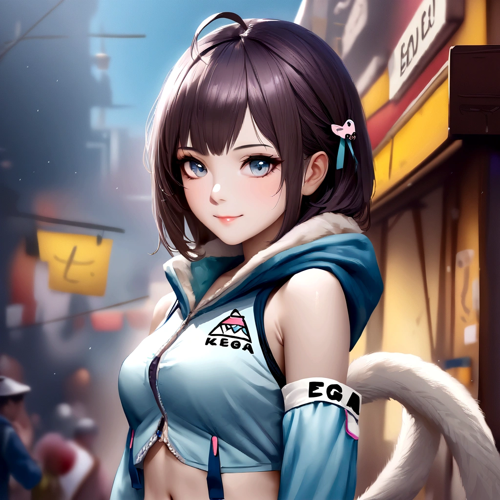 Masterpiece, best quality, real light, Ultra high resolution, (realism, photo realism: 1.48), 1 girl, beautiful, Blonde ,alone, Ahoge, hair accessories, bare shoulders, crop top, navel, separate arms, elbow glove, glove, tail, and skirt, her