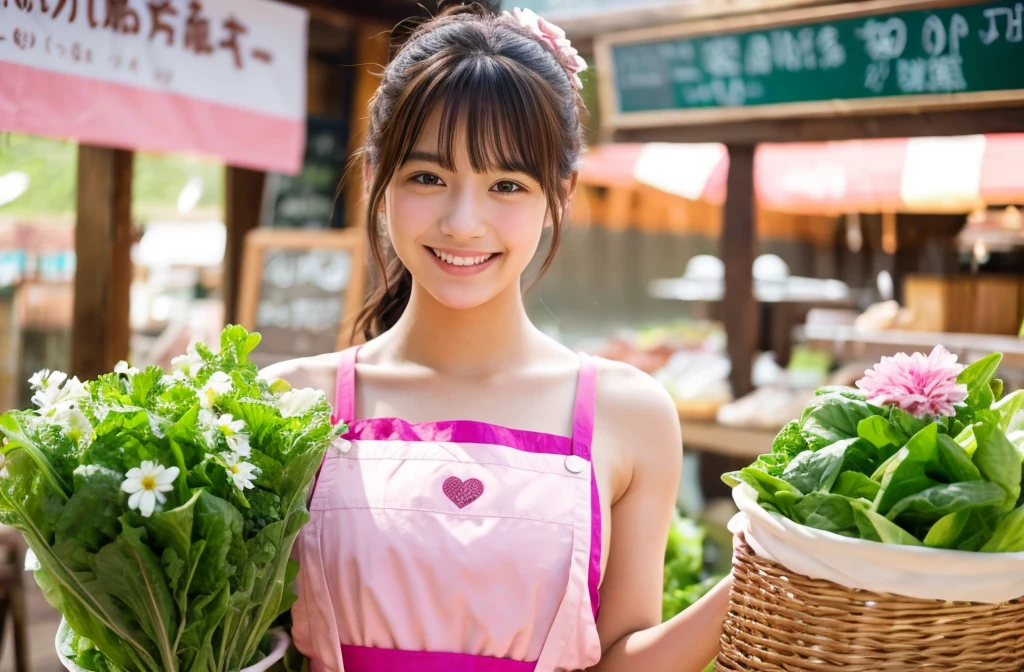 Medium Size Display, Medium Shot, Written boundary depth, bust, Upper Body, Movie angle, masterpiece, highest quality, Very detailed, CG, 8k wallpaper, Beautiful Face, Delicate eyes, Otome, alone, smile, Divide the salad、cute、Pink Apron