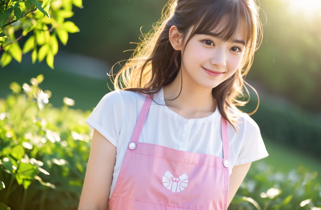 Medium Size Display, Medium Shot, Written boundary depth, bust, Upper Body, Movie angle, masterpiece, highest quality, Very detailed, CG, 8k wallpaper, Beautiful Face, Delicate eyes, Otome, alone, smile, Divide the salad、cute、Pink Apron