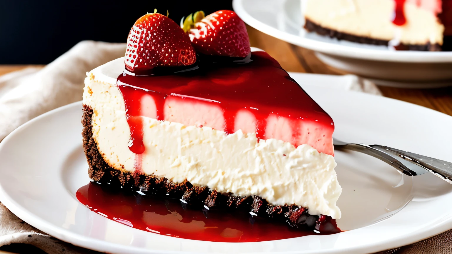 photorealistic image, trending on Pinterest, New York-style cheesecake adorned with a generous layer of strawberry compote and a dusting of powdered sugar