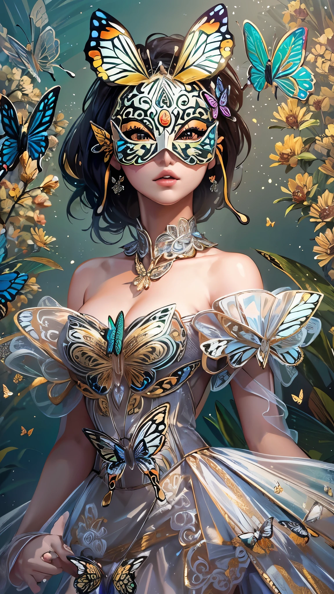 ((Highest quality)),(Ultra-high resolution),(Ultra-detailed new),(Detailed Description),((The best CG)),(masterpiece),Highly detailed art,A wonderful new art form,(Art with precise details:1.5), (Lady:1.6),(Butterfly mask:1.6),(A glittering off-the-shoulder dress with intricate detailing:1.4), (Masquerade:1.6),(Masquerade:1.6)