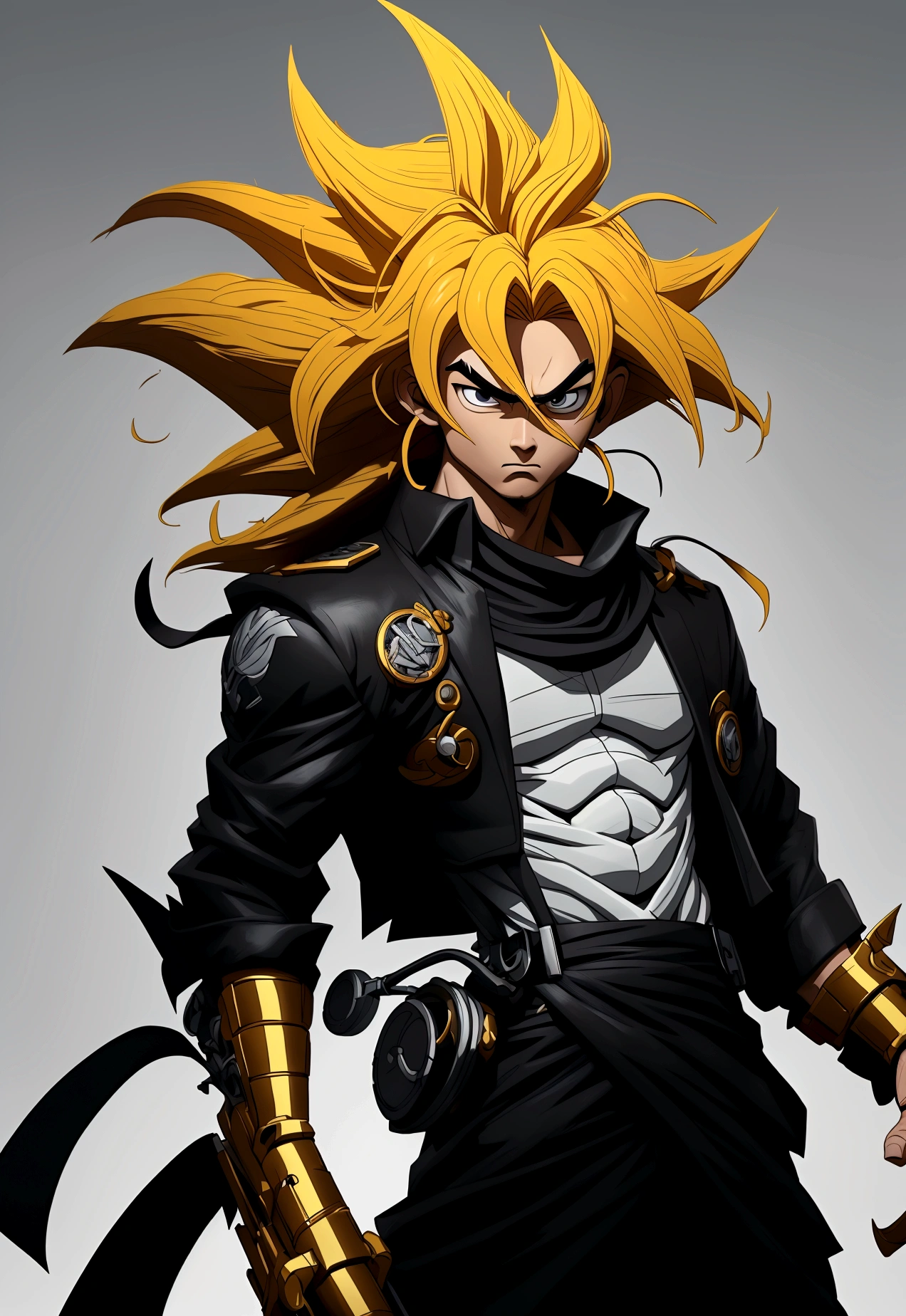 Goku, the legendary Saiyan warrior with a detailed face and defined features, an intense gaze, his spiky golden hair fused with the black and white curls of Satoru Gojo, the master of the Occult Arts, wearing Gojo's black jacket and dark pants , a mix of ki and curse energies flow around him, in a combat pose ready to unleash his superhuman power, detailed and high quality image --ar 16:9 --q 1 --v 6.0