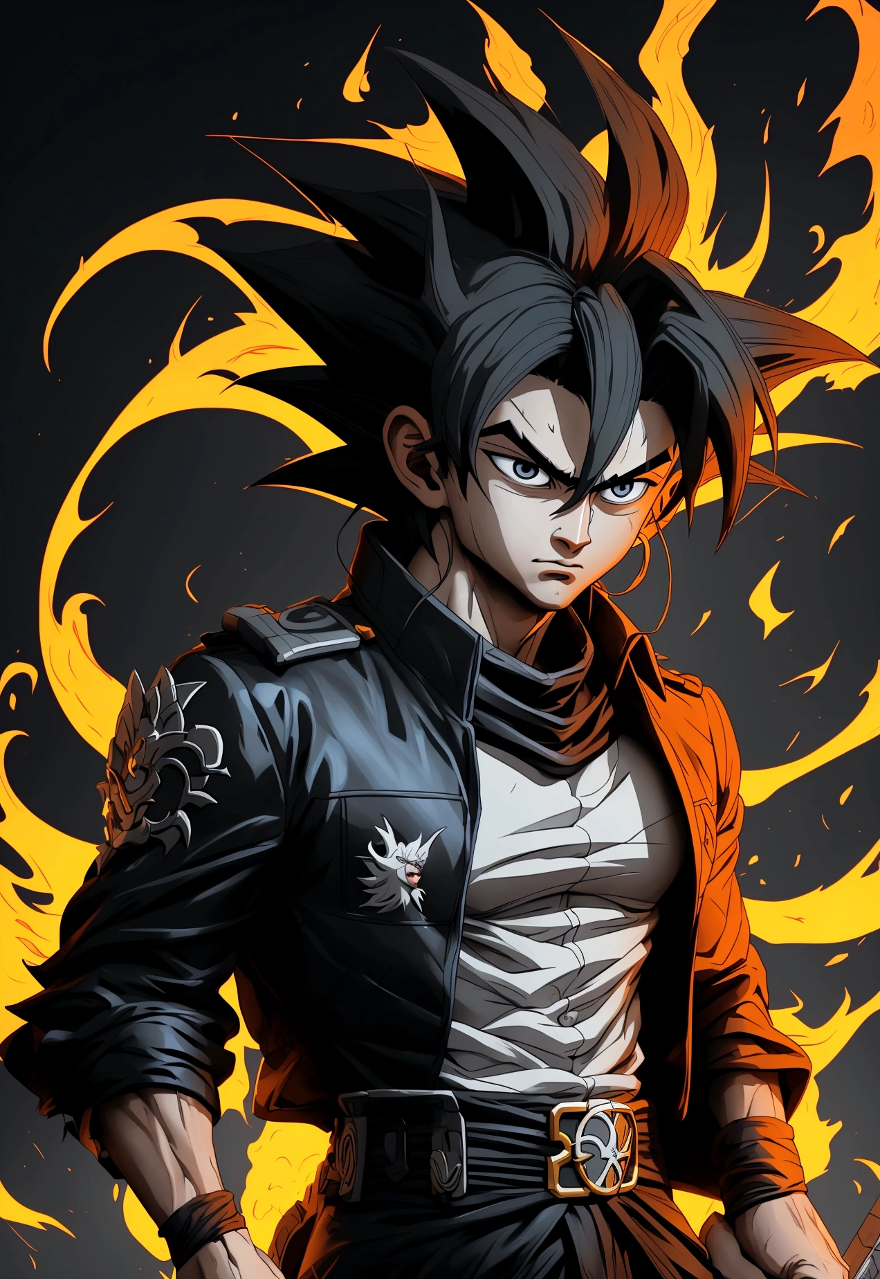 Goku, the legendary Saiyan warrior with a detailed face and defined features, an intense gaze, his spiky golden hair fused with the black and white curls of Satoru Gojo, the master of the Occult Arts, wearing Gojo's black jacket and dark pants , a mix of ki and curse energies flow around him, in a combat pose ready to unleash his superhuman power, detailed and high quality image --ar 16:9 --q 1 --v 6.0