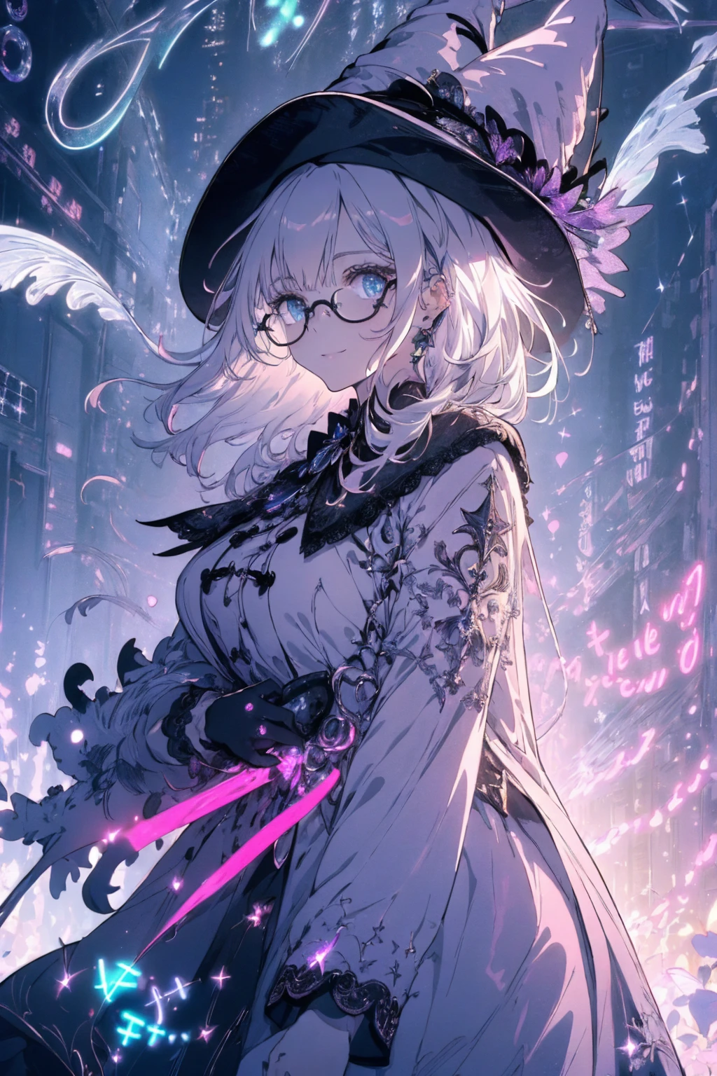 (witchcraft photo:1.1,in neon downtown:1.5), Masterpiece, best quality, (very detailed CG unity 8k wallpaper), (best quality), High definition RAW color art, Animation,sculptures, (silver Marble Skin), (((Ultra detailed elegant))), Magical atmosphere, Detailed skin, Texture,(Intricately detailed, Fine detail, ultra-detail art), depth of fields, bokeh, Silky Touch, Hyper Detail, beautiful eyes, Elegant Face, (ローブ, profile, looking here), sparkle background, (silver hair), pastel purple, fat, short hair, dress, フリル, witchcraft hat, Round Glasses:1.4, enormous breast, リボン, kawaii smile