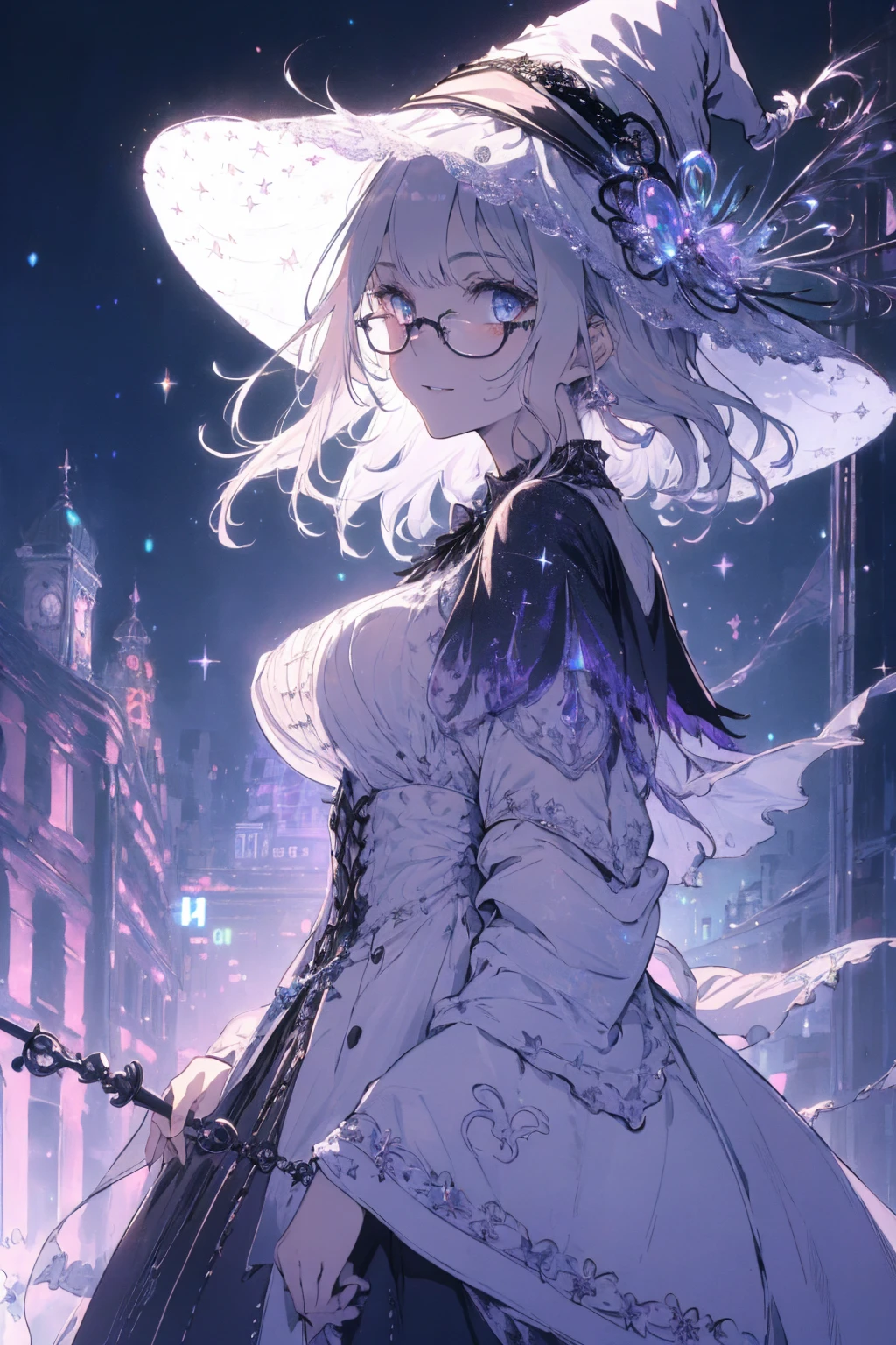(witchcraft photo:1.1,in neon downtown:1.5), Masterpiece, best quality, (very detailed CG unity 8k wallpaper), (best quality), High definition RAW color art, Animation,sculptures, (silver Marble Skin), (((Ultra detailed elegant))), Magical atmosphere, Detailed skin, Texture,(Intricately detailed, Fine detail, ultra-detail art), depth of fields, bokeh, Silky Touch, Hyper Detail, beautiful eyes, Elegant Face, (ローブ, profile, looking here), sparkle background, (silver hair), pastel purple, fat, short hair, dress, フリル, witchcraft hat, Round Glasses:1.4, enormous breast, リボン, kawaii smile