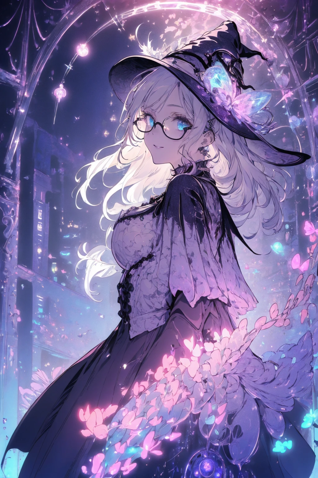 (witchcraft photo:1.1,in neon downtown:1.5), Masterpiece, best quality, (very detailed CG unity 8k wallpaper), (best quality), High definition RAW color art, Animation,sculptures, (silver Marble Skin), (((Ultra detailed elegant))), Magical atmosphere, Detailed skin, Texture,(Intricately detailed, Fine detail, ultra-detail art), depth of fields, bokeh, Silky Touch, Hyper Detail, beautiful eyes, Elegant Face, (ローブ, profile, looking here), sparkle background, (silver hair), pastel purple, fat, short hair, dress, フリル, witchcraft hat, Round Glasses:1.4, enormous breast, リボン, kawaii smile