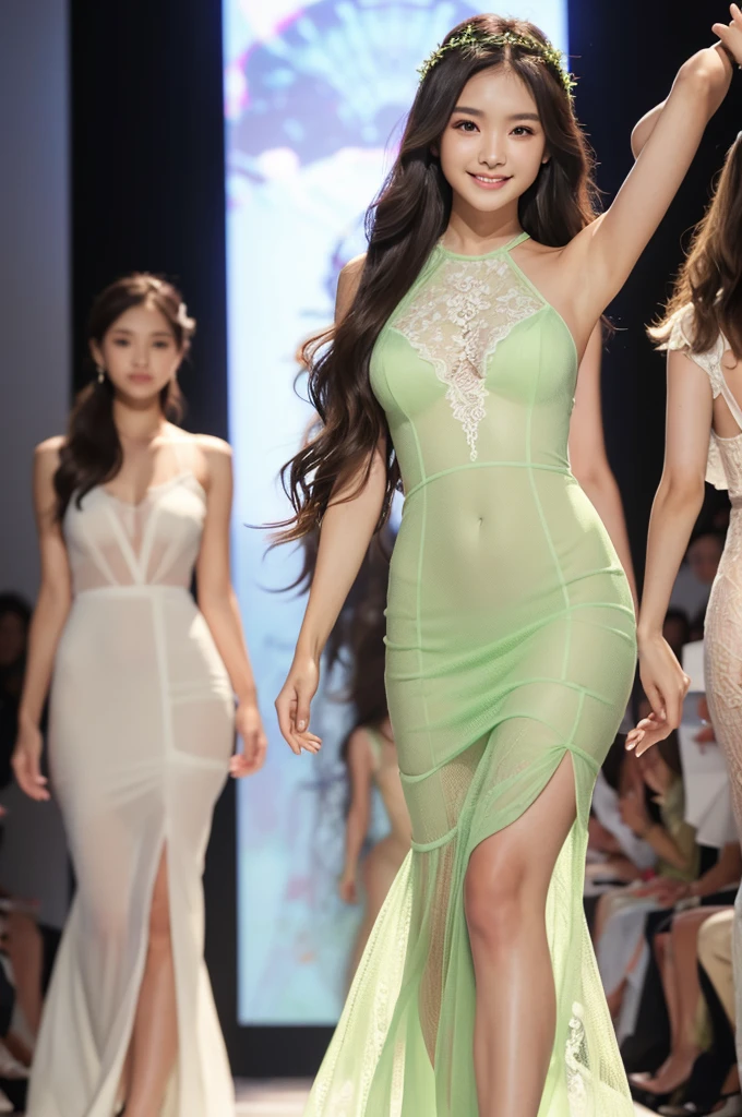 Amazingly large eyes、Smiling face、Large Bust、Slender and white skin、Japanese woman with long wavy hair、20-year-old、Slim figure、A y, sheer, light green mermaid dress with a mini length and sheer lace all over.、Bright photo images、Walking towards me down the runway at a fashion show。