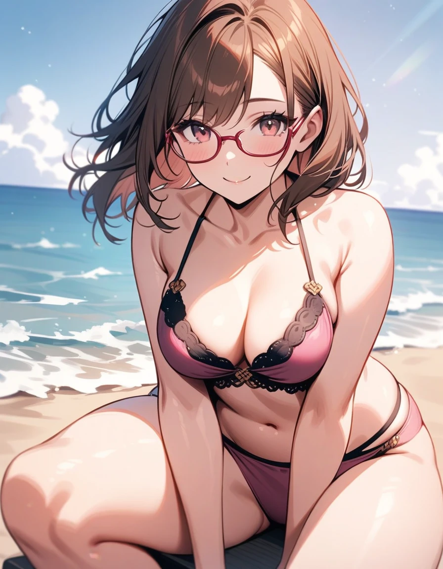 so beautiful, Beautiful Eyes, Highest quality, Very detailed, Intricate details, One Girl ,Short brown hair, Brown eyes, Thick thighs, bikini, good looking, Medium Hair, Brown Hair, Pink highlights on the tip, Pale pink eyes,Wear glasses、beautiful sea、Happy smile