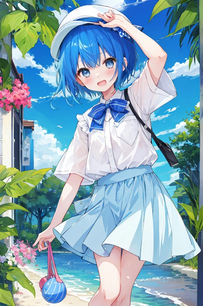 Girl、Blue hair short、Summer clothes、Embarrassed