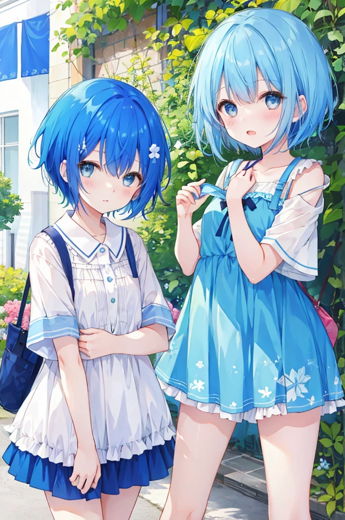 Girl、Blue hair short、Summer clothes、Embarrassed