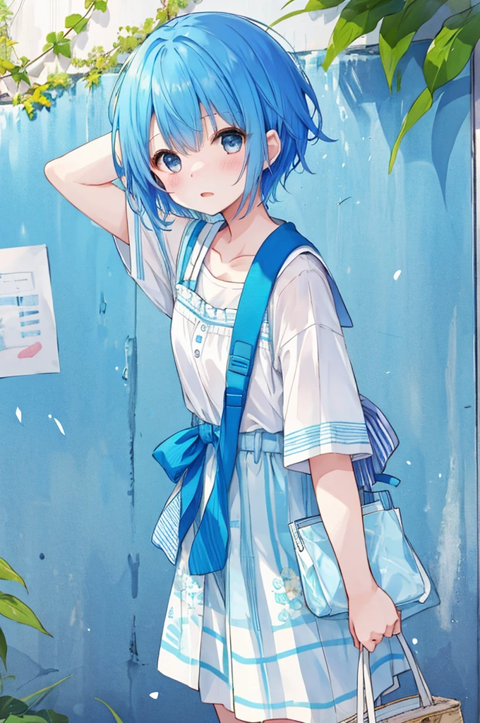 Girl、Blue hair short、Summer clothes、Embarrassed