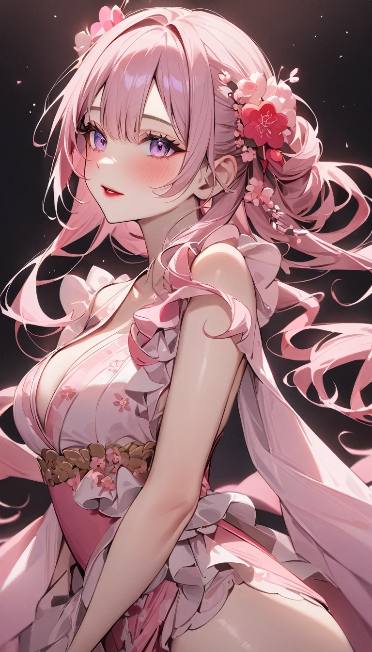 highest quality、masterpiece、1 girl、black background、pink hair:1.5、amethyst eyes、red lips、sakura floral pink clothes、world with cherry blossom trees and roses、natural skin、side blade