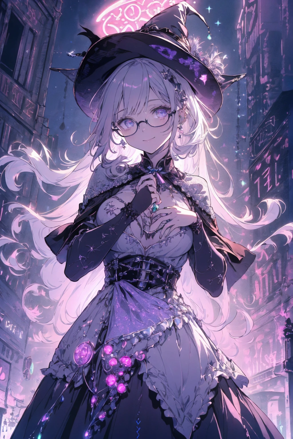 (witchcraft photo:1.1,in neon downtown:1.5), Masterpiece, best quality, (very detailed CG unity 8k wallpaper), (best quality), High definition RAW color art, Animation,sculptures, (silver Marble Skin), (((Ultra detailed elegant))), Magical atmosphere, Detailed skin, Texture,(Intricately detailed, Fine detail, ultra-detail art), depth of fields, bokeh, Silky Touch, Hyper Detail, beautiful eyes, Elegant Face, (ローブ, hands up), sparkle background, (silver hair), pastel purple, fat, shorthair, dress, フリル, witchcraft hat, Round Glasses:1.4, enormous breast, リボン, kawaii smile
