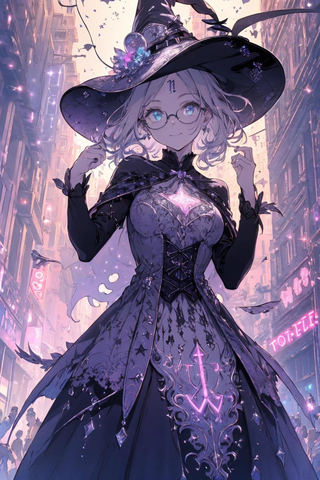 (witchcraft photo:1.1,in neon downtown:1.5), Masterpiece, best quality, (very detailed CG unity 8k wallpaper), (best quality), High definition RAW color art, Animation,sculptures, (silver Marble Skin), (((Ultra detailed elegant))), Magical atmosphere, Detailed skin, Texture,(Intricately detailed, Fine detail, ultra-detail art), depth of fields, bokeh, Silky Touch, Hyper Detail, beautiful eyes, Elegant Face, (ローブ, hands up), sparkle background, (silver hair), pastel purple, fat, shorthair, dress, フリル, witchcraft hat, Round Glasses:1.4, enormous breast, リボン, kawaii smile