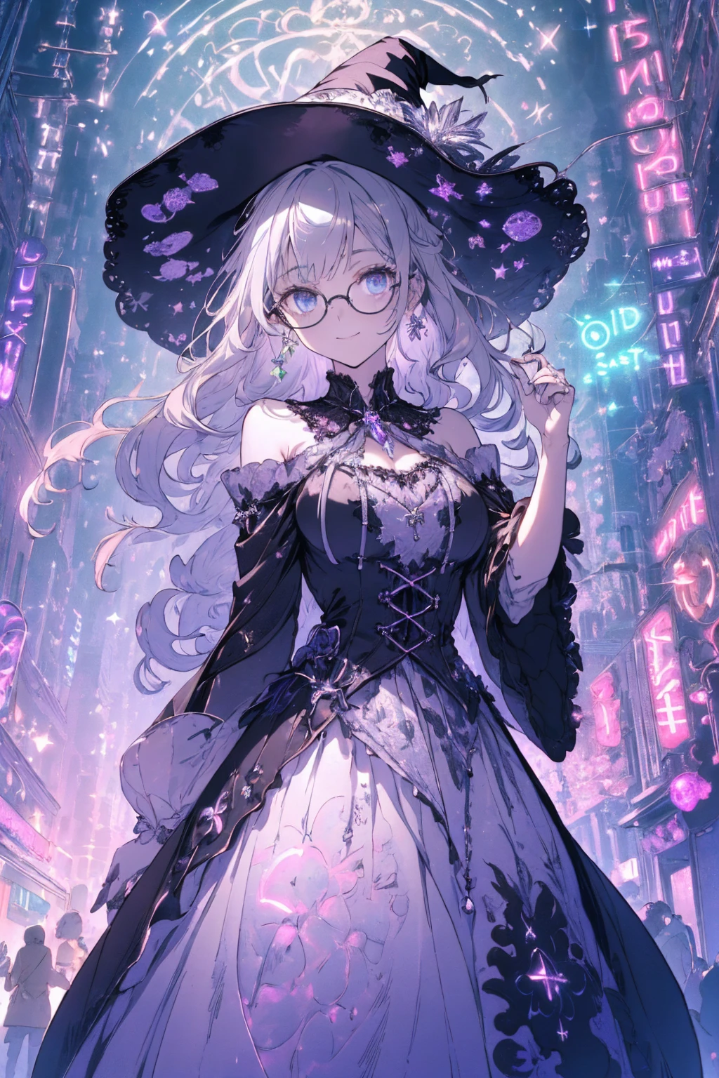 (witchcraft photo:1.1,in neon downtown:1.5), Masterpiece, best quality, (very detailed CG unity 8k wallpaper), (best quality), High definition RAW color art, Animation,sculptures, (silver Marble Skin), (((Ultra detailed elegant))), Magical atmosphere, Detailed skin, Texture,(Intricately detailed, Fine detail, ultra-detail art), depth of fields, bokeh, Silky Touch, Hyper Detail, beautiful eyes, Elegant Face, (ローブ, hands up), sparkle background, (silver hair), pastel purple, fat, shorthair, dress, フリル, witchcraft hat, Round Glasses:1.4, enormous breast, リボン, kawaii smile