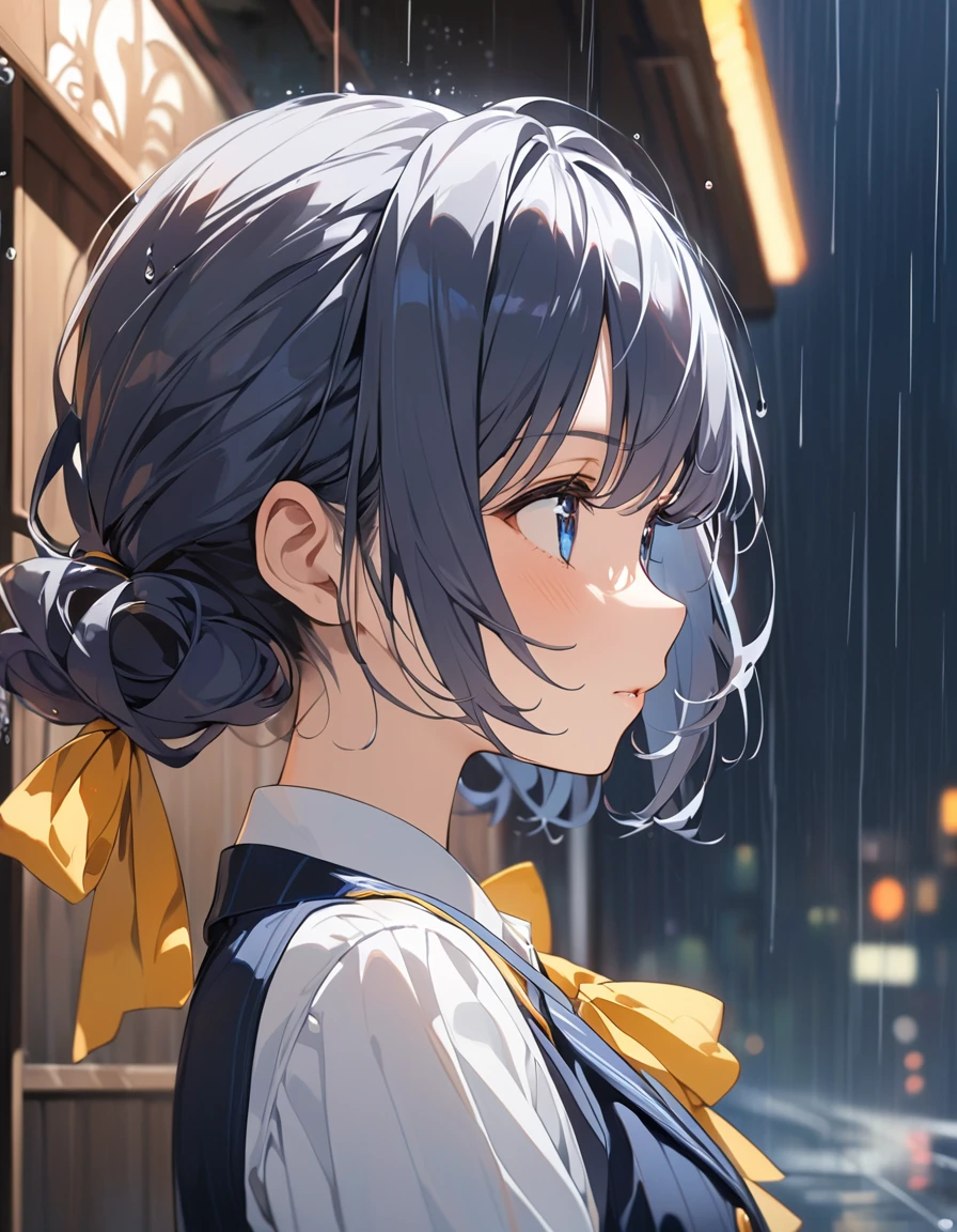 (Highest qualityのイラスト:1.2), (pretty girl:1.1), (1 girl、17 years old、Highest qualityのイラスト:1.2), (1 girl、Small breasts、blue eyes)、 Brown Hair、short hair、Wavy Hair、Curly Hair、Low Twintails、(Highest quality、Very detailed、Very detailed and beautiful、Ultra-high resolution) 、、,{Dark Blue Blazer、White shirt、Yellow ribbon、Grey pleated skirt}、throw、from side, Gazing into the distance、rain,Daytime