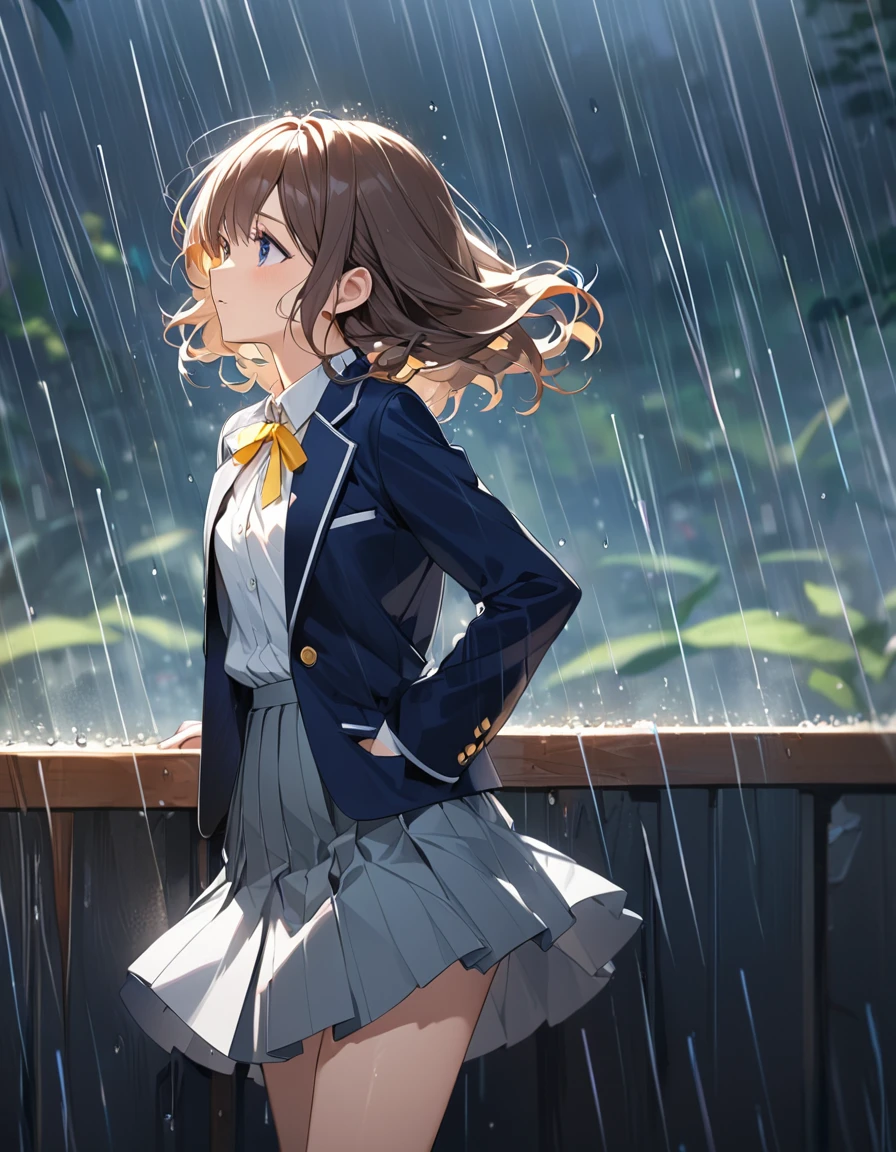 (Highest qualityのイラスト:1.2), (pretty girl:1.1), (1 girl、17 years old、Highest qualityのイラスト:1.2), (1 girl、Small breasts、blue eyes)、 Brown Hair、short hair、Wavy Hair、Curly Hair、Low Twintails、(Highest quality、Very detailed、Very detailed and beautiful、Ultra-high resolution) 、、,{Dark Blue Blazer、White shirt、Yellow ribbon、Grey pleated skirt}、throw、from side, Gazing into the distance、rain,Daytime