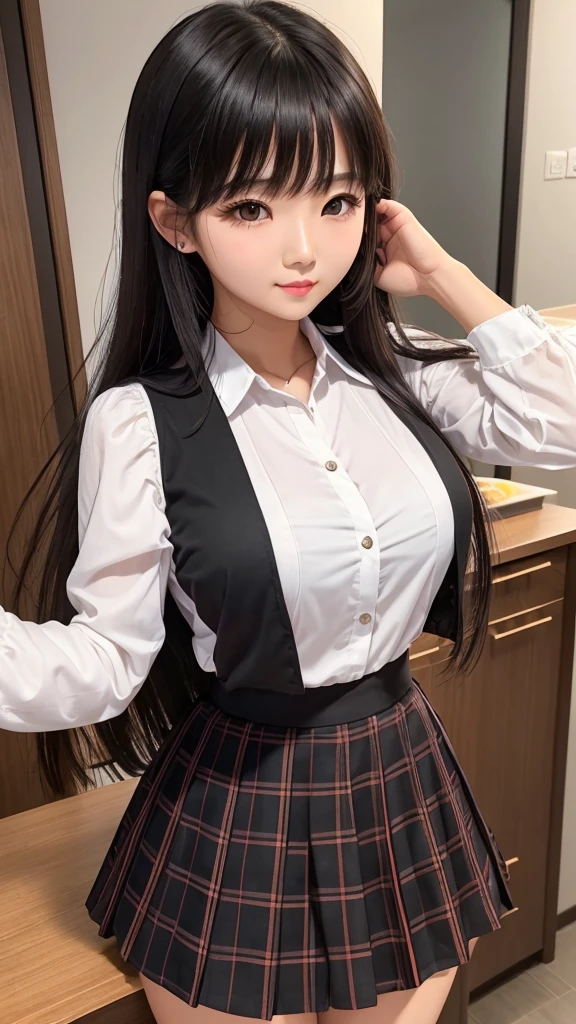 Detailed face、highlight、Asian Girl、thigh、Tabletop、breast enhancement、Bodyline、Black Hair、Heavy bangs、Checkered Skirt、White blouse、Support your chest with both arms、