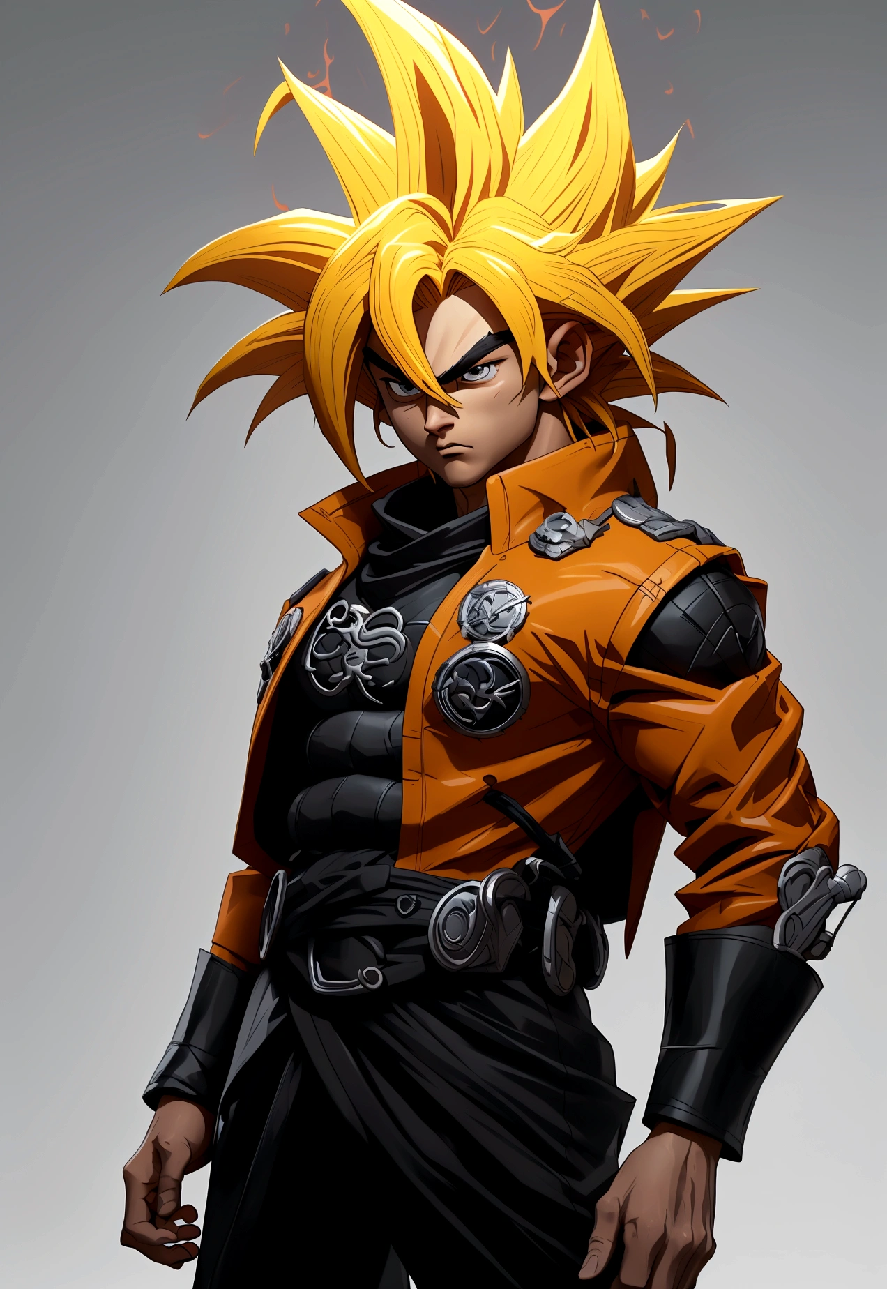 Goku, the legendary Saiyan warrior with a detailed face and defined features, an intense gaze, his spiky golden hair fused with the black and white curls of Satoru Gojo, the master of the Occult Arts, wearing Gojo's black jacket and dark pants , a mix of ki and curse energies flow around him, in a combat pose ready to unleash his superhuman power, detailed and high quality image --ar 16:9 --q 1 --v 6.0