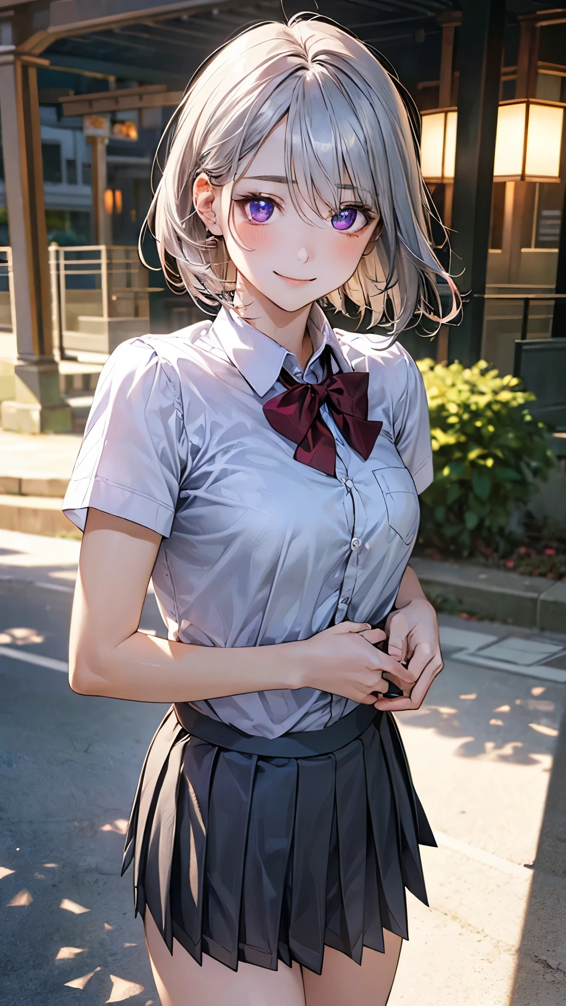 (masterpiece:1.2, top-quality), (realistic, photorealistic:1.4), beautiful illustration, (natural side lighting, movie lighting), nsfw, 
looking at viewer, 1 girl, japanese, high school girl, ((girl with a sparrow on her shoulder)), perfect face, cute and symmetrical face, shiny skin, 
(short hair:1.5, lob hair:1.2, silver hair), hair between eyes, purple eyes, long eye lasher, (medium breasts), slender, dark red hair ribbon, 
beautiful hair, beautiful face, beautiful detailed eyes, beautiful clavicle, beautiful body, beautiful chest, beautiful thigh, beautiful legs, beautiful fingers, 
((white collared shirts, grey box pleated mini skirt), dark red bow tie), 
(beautiful scenery), evening, (riverside), walking, (lovely smile, open mouse slightly), 