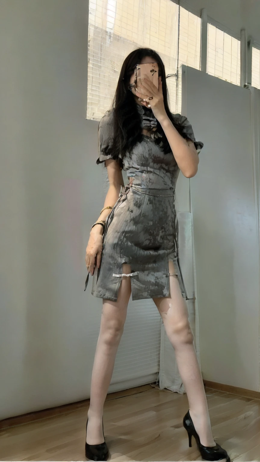 (absurdres:1.2),(slender:1.2),(full_shot:1.3),1girl,(white pantyhose:1.1),Chinese cheongsam, mini skirt,outdoors,sunshine,stiletto_heels,standing,
