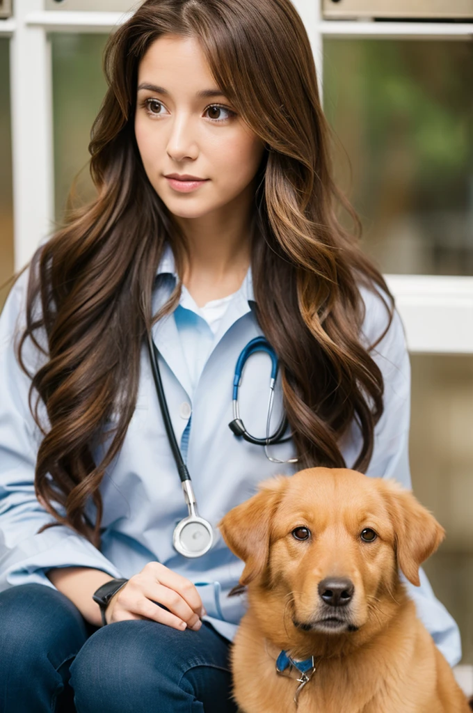 girl veterinarian with long light brown hair, with a dog