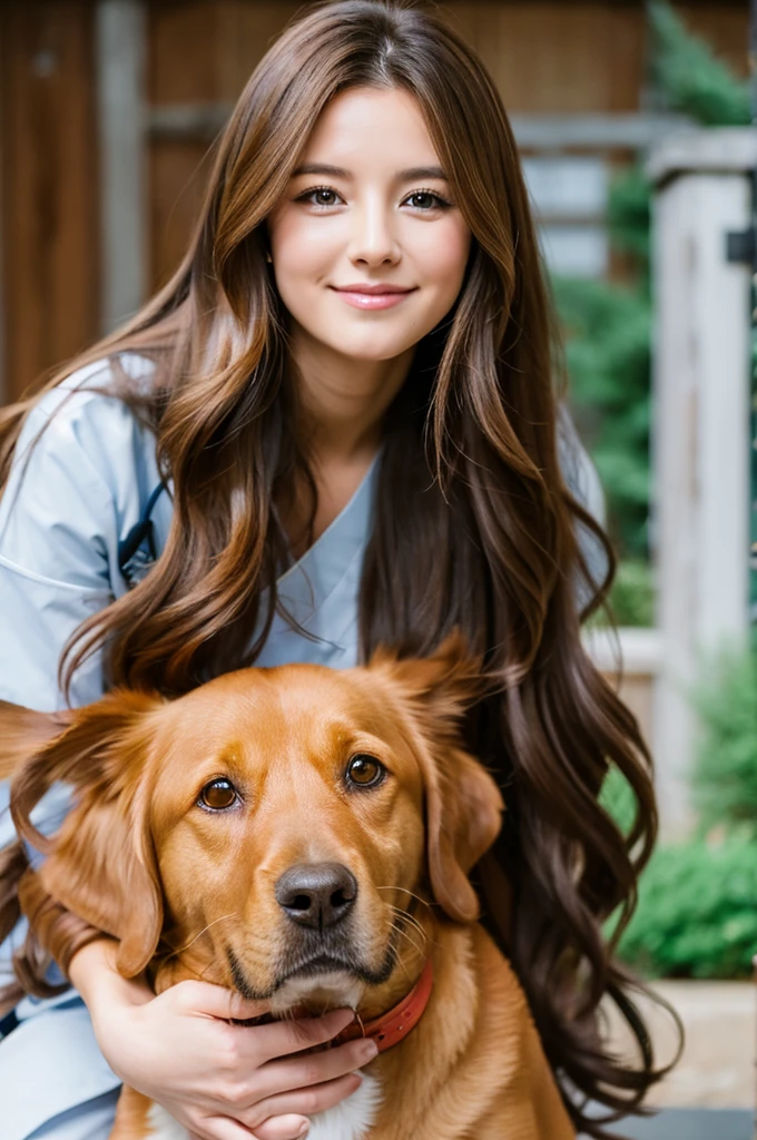 girl veterinarian with long light brown hair, with a dog