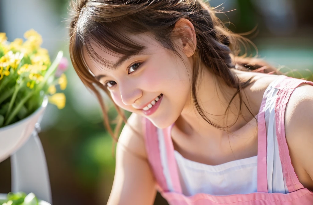 Medium Size Display, Medium Shot, Written boundary depth, bust, Upper Body, Movie angle, masterpiece, highest quality, Very detailed, CG, 8k wallpaper, Beautiful Face, Delicate eyes, Otome, alone, smile, Divide the salad、cute、Pink Apron
