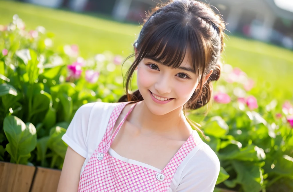 Medium Size Display, Medium Shot, Written boundary depth, bust, Upper Body, Movie angle, masterpiece, highest quality, Very detailed, CG, 8k wallpaper, Beautiful Face, Delicate eyes, Otome, alone, smile, Divide the salad、cute、Pink Apron