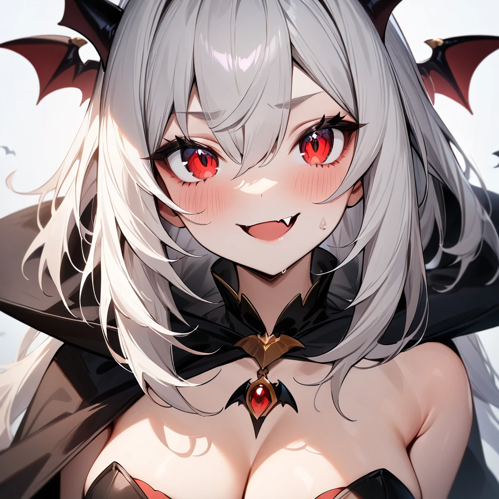 Bat girl,White hair,red eyes,Solo,portrait,Cleavage, fang vampire,Black Cape,masterpiece, best quality, very aesthetic, absurdres masterpiece, best quality, very aesthetic, absurdres masterpiece, best quality, very aesthetic, absurdres,looking at viewer,strapless
