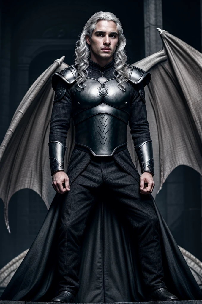 Daemon Targaryen on a huge dragon, pale skin, silver hair, dressed