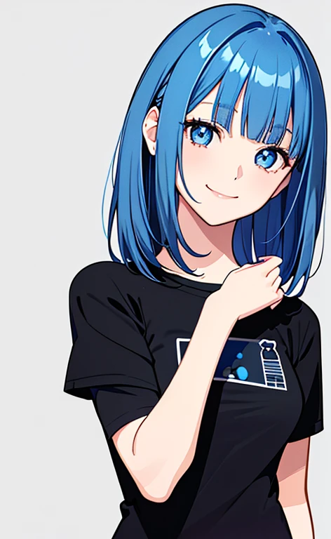 (masterpiece:1.5、Photorealistic:1.4,anime coloring:1.4、high resolution:1.4)、,(spot light:1.2、Exquisite beautiful eye:1.5,)、(stand:1.5)、()、(upper body:1.5)、
(kind eyes、tareme:1.4),()、(Cute Face)、(blue hair:1.5)、(middle hair:1.5),(sidelock :1.6),(blunt bangs:1.3),(1 girl)、(blue eyes:1.2)、(light smile:1.5),(Face up:1.5)、(solo)、() ,(),(small breasts),(),(black t-shirt:1.5),()、()、()、Slim Body(),Shiny Hair、