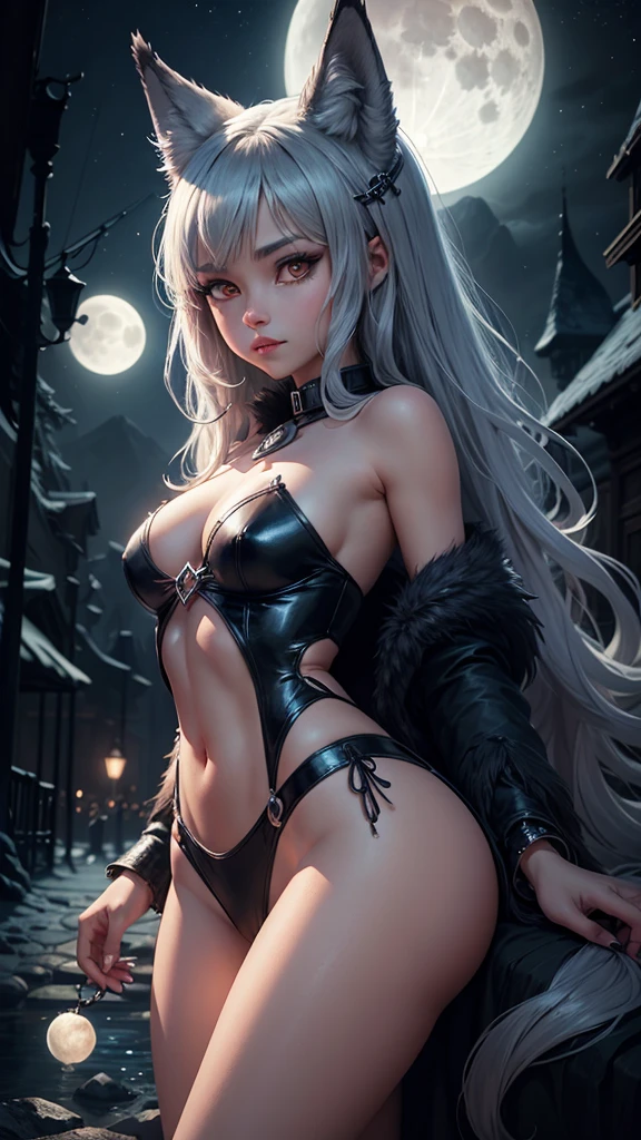 The wolf is with the beautiful moon girl in the night.
