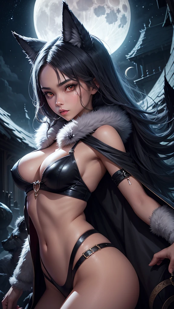 The wolf is with the beautiful moon girl in the night.