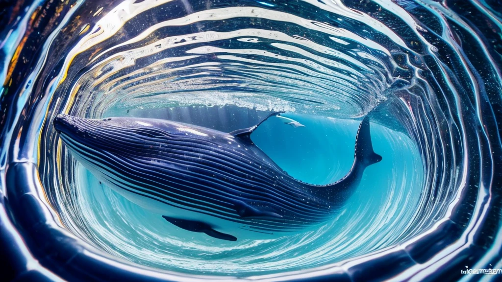 A whale curling up in a vortex at the center。Colorful backgrounds