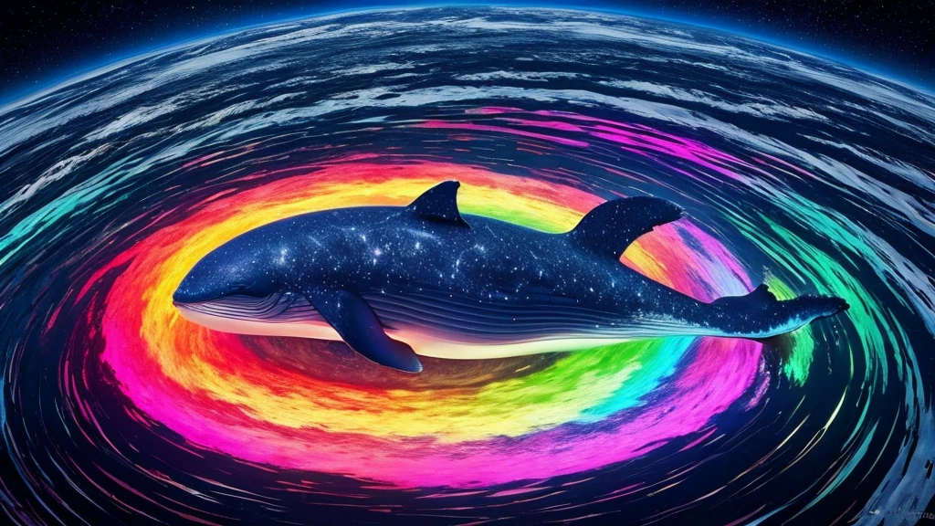 A whale curling up in a vortex at the center。Colorful backgrounds