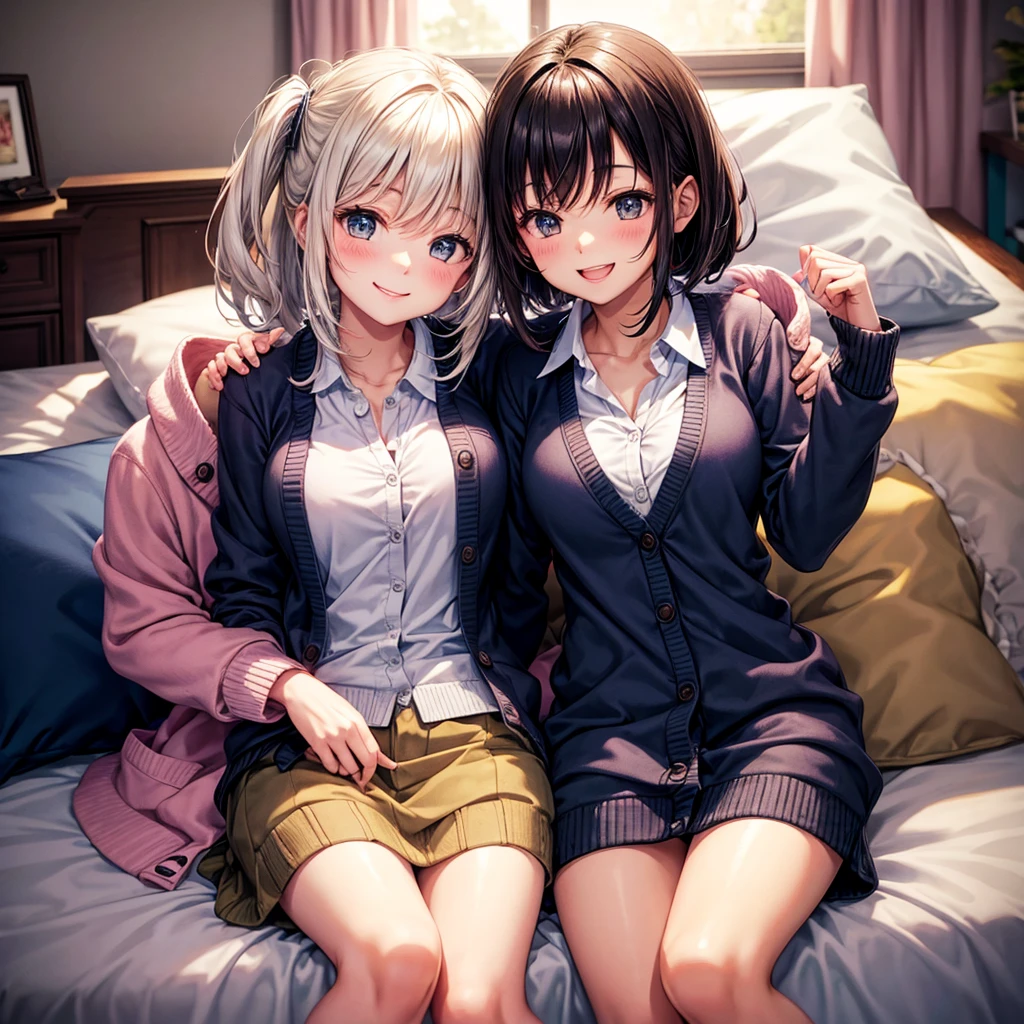 best quality,,smile,cardigan,Girls hugging each other,bed,Boyfriend's house,Evolution Fashion,future fashion,blazer,ribbon on uniform,mini skirt,high school girl,multiple girls are depicted,harem,idol group,photo shoot,long hair,wearing a cardigan,highest quality,big breasts,happy girl,horny girl,pink eyes,perfect face,standing position,I have my hands in my pockets,letting down one's Bangs,beautiful eyes,gym,girls hugging each other,smooth hair,multicolored hair colors,naughty girl,beautiful girl,beautiful girl,loose socks