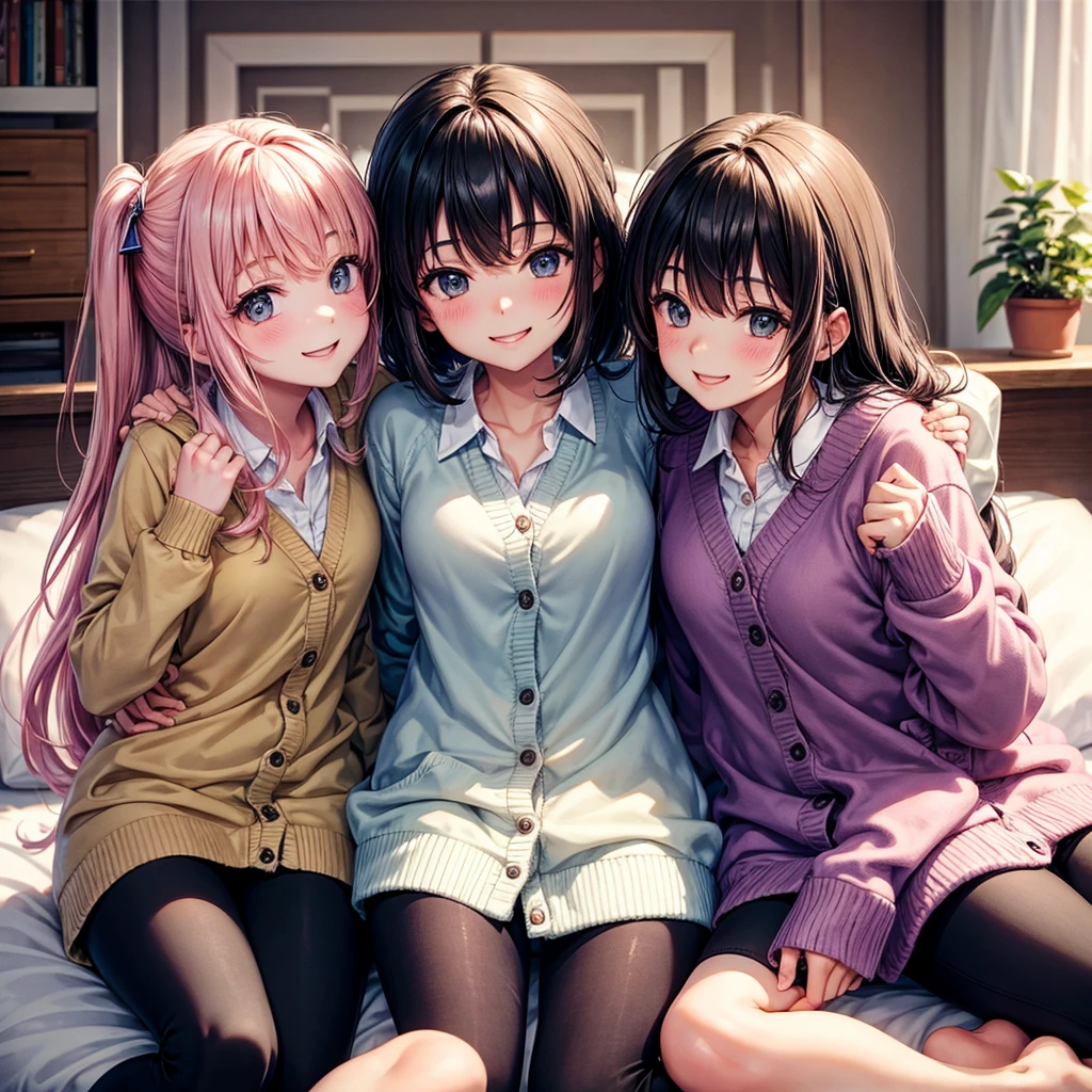 best quality,,smile,cardigan,Girls hugging each other,bed,Boyfriend's house,Evolution Fashion,future fashion,blazer,ribbon on uniform,mini skirt,high school girl,multiple girls are depicted,harem,idol group,photo shoot,long hair,wearing a cardigan,highest quality,big breasts,happy girl,horny girl,pink eyes,perfect face,standing position,I have my hands in my pockets,letting down one's Bangs,beautiful eyes,gym,girls hugging each other,smooth hair,multicolored hair colors,naughty girl,beautiful girl,beautiful girl,loose socks