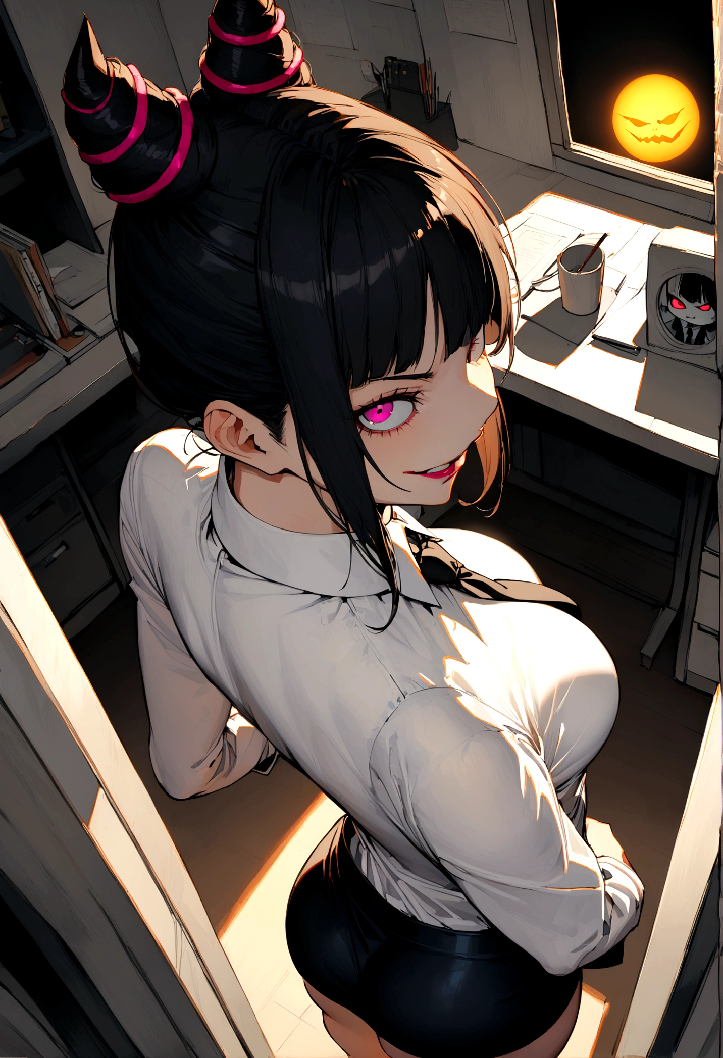 juri han, looking back,hands in pocket,work of art, tight white secretary shirt with black tie, black high waist skirt, short skirt,stocking, black hair, black tightscary sun,office,bangs on the eyes,lighting,horn of hair,view from above,evil smile,beautiful ass detailed
